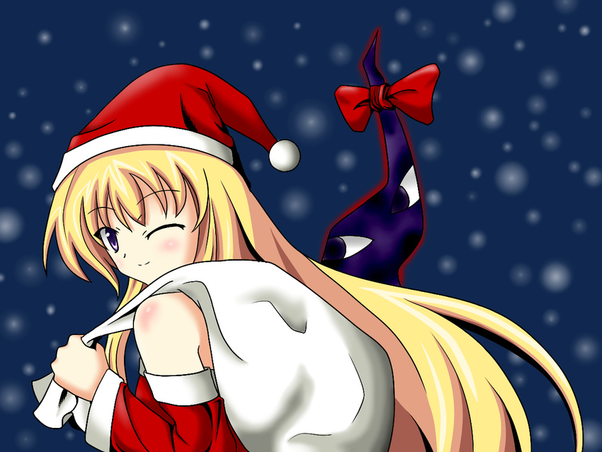 bare_shoulders blonde_hair bow eyes gap hat long_hair mokkori9 one_eye_closed purple_eyes sack santa_hat smile snow solo touhou yakumo_yukari