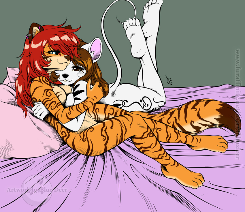 bed black_nose blue_eyes body_markings boob_squish breast_squish breasts brown_eyes cuddle cuddling feline female fur hair interspecies lesbian mammal markings mouse nude predator/prey_relations red_hair rodent tiger white_fur