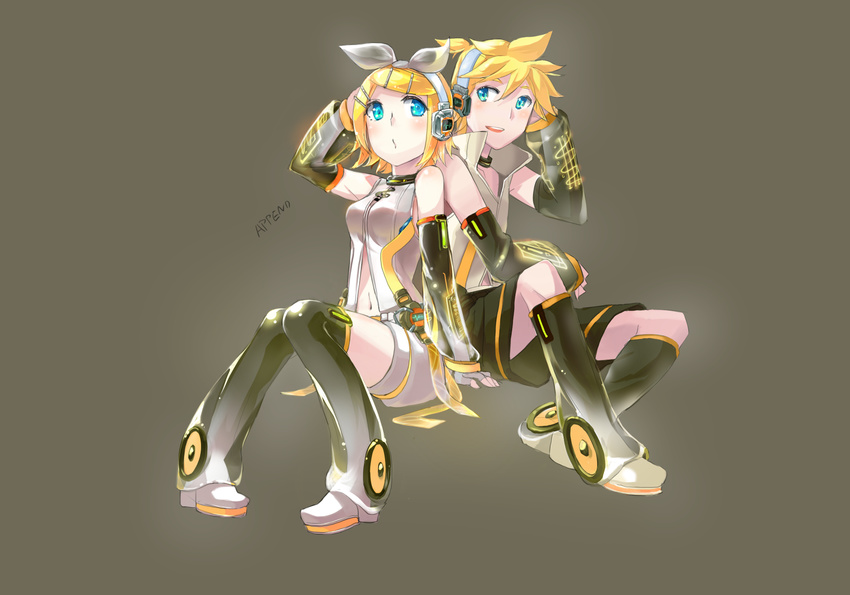1girl aqua_eyes arm_warmers bad_id bad_pixiv_id blonde_hair brother_and_sister detached_sleeves hair_ornament hair_ribbon hairclip headphones highres kagamine_len kagamine_len_(append) kagamine_rin kagamine_rin_(append) ksb_(ugheaven) leg_warmers navel popped_collar ribbon short_hair shorts siblings sitting smile twins vocaloid vocaloid_append