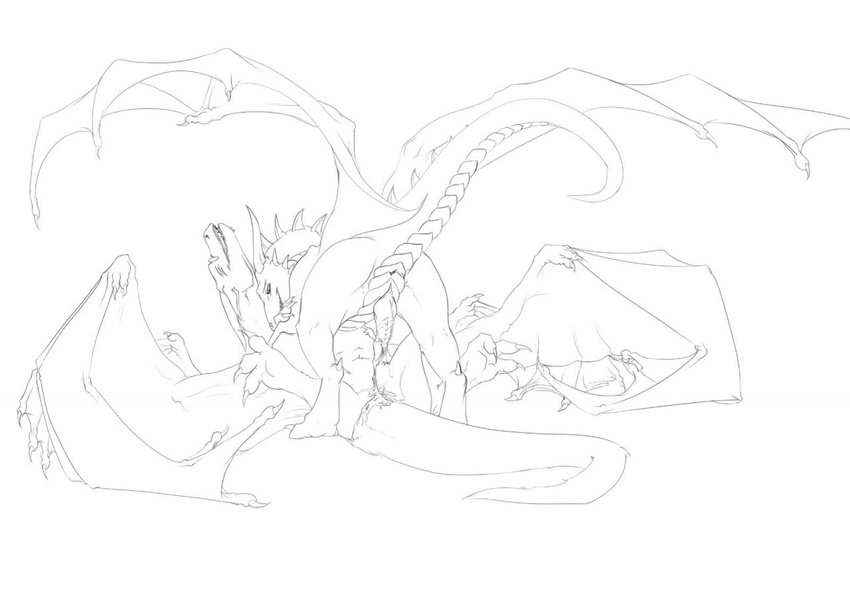 anus athus black_and_white cum cum_in_pussy cum_inside dragon eyes_closed female feral feral_on_feral horn horns lying male monochrome non-anthro on_back penis plain_background scalie sex sketch spread_legs spreading straight white_background wings