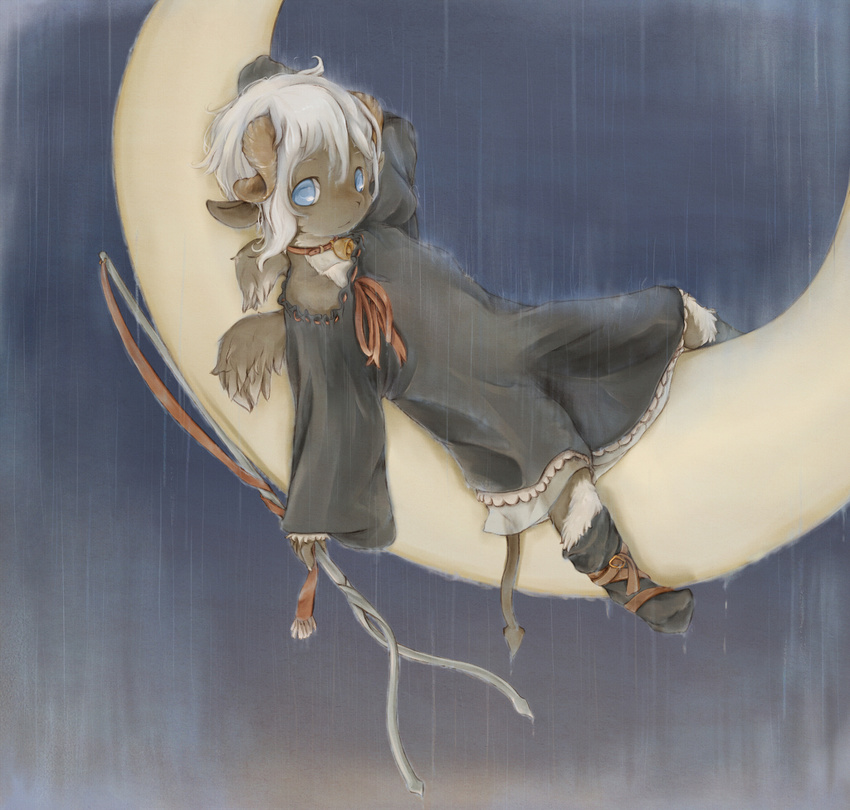blue_eyes caprine child collar cub cute fantasy female goat horn horns looking_at_viewer lying male mammal moon pole relaxing sarusa1 tota wings young