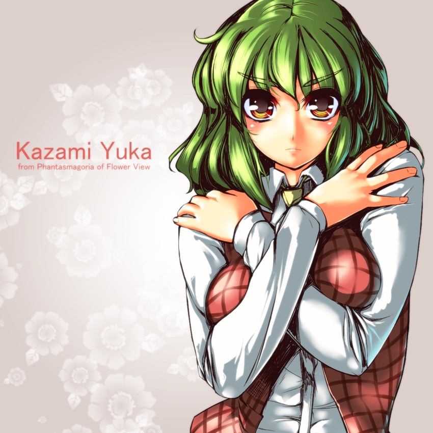 ascot breasts character_name copyright_name crossed_arms floral_background flower_request frown green_hair highres kazami_yuuka medium_breasts phantasmagoria_of_flower_view plaid plaid_vest red_eyes short_hair solo touhou umigarasu_(kitsune1963) upper_body vest
