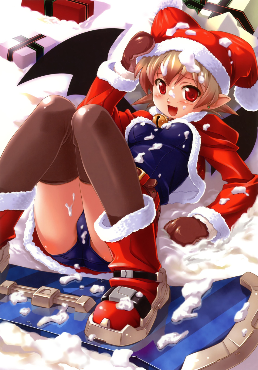 absurdres bat_wings bell blonde_hair blush breasts christmas copyright_request fang gift highres jingle_bell kuuchuu_yousai lying medium_breasts mittens on_back pointy_ears red_eyes santa_costume school_swimsuit snow snowboard solo swimsuit swimsuit_under_clothes thighhighs wings