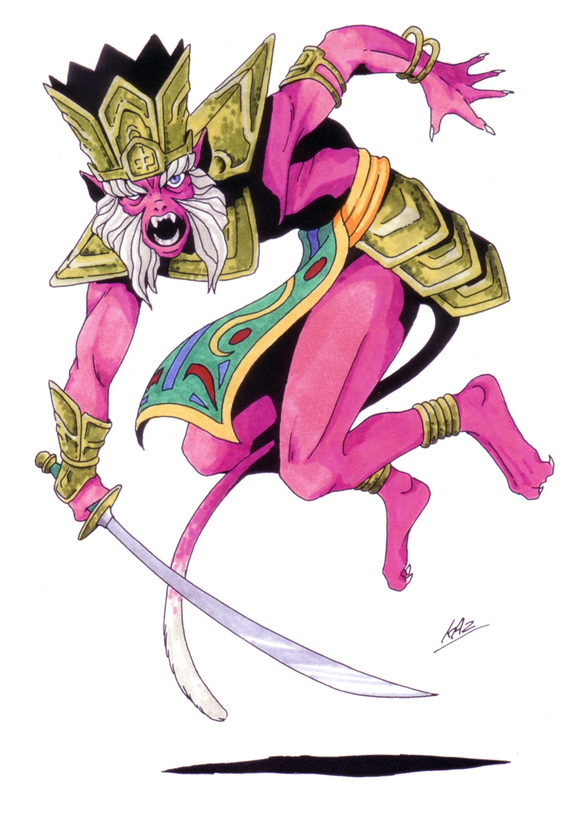 hindu kazuma_kaneko male mammal megaten monkey ongkot pink pink_body plain_background primate purple_eyes shin_megami_tensei solo sword tail video_games weapon white_background