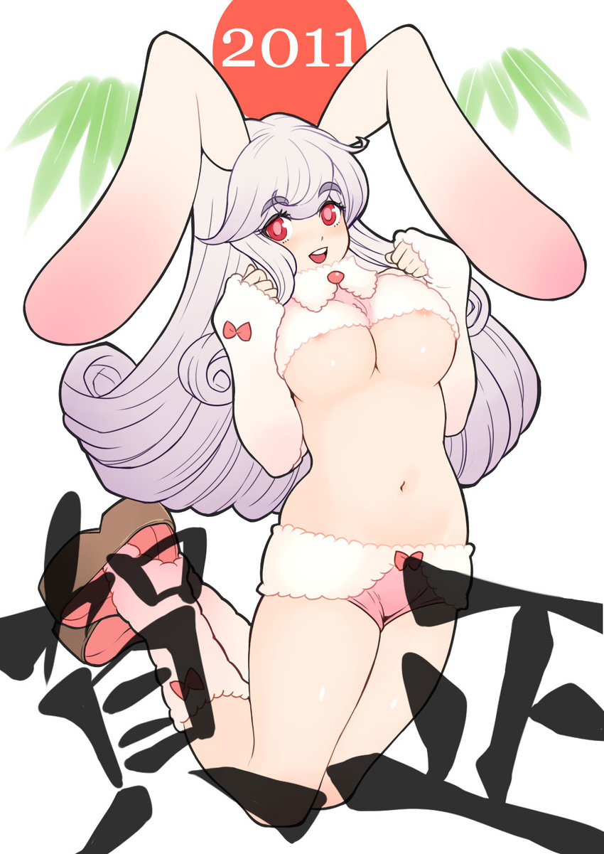 2011 animal_ears areola_slip areolae breasts bunny_ears crop_top highres large_breasts long_hair mumu navel new_year original panties purple_hair red_eyes solo underboob underwear