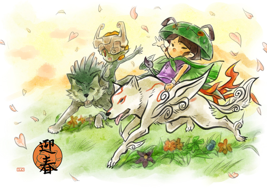 1girl amaterasu artist_request brush crossover hat helmet imp issun link link_(wolf) midna ookami_(game) petals red_eyes smile the_legend_of_zelda the_legend_of_zelda:_twilight_princess wolf