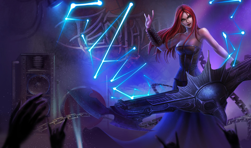 artist_request breasts chain cleavage harp instrument league_of_legends medium_breasts official_art pentakill pentakill_sona red_hair solo sona_buvelle