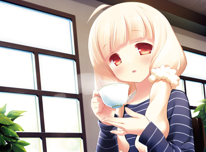 :o ahoge blonde_hair cafe_sourire cup face gayarou hands highres long_hair looking_at_viewer ogiwara_kyouko orange_eyes shirt solo steam striped striped_shirt tareme teacup twintails