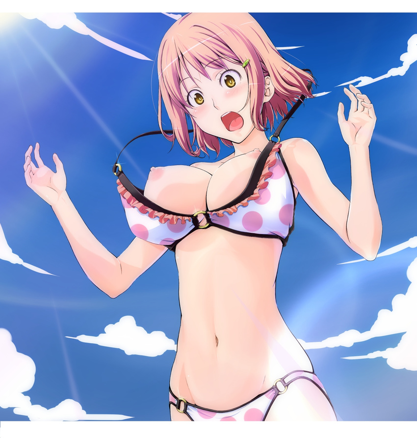 bad_id bad_pixiv_id bikini blush breasts cleavage cloud day groin hair_ornament hairclip highres large_breasts light_rays navel nipples o-ring o-ring_bikini o-ring_bottom o-ring_top original pink_hair polka_dot polka_dot_bikini polka_dot_swimsuit sashisu sky solo sunbeam sunlight surprised surprised_arms swimsuit wardrobe_malfunction yellow_eyes