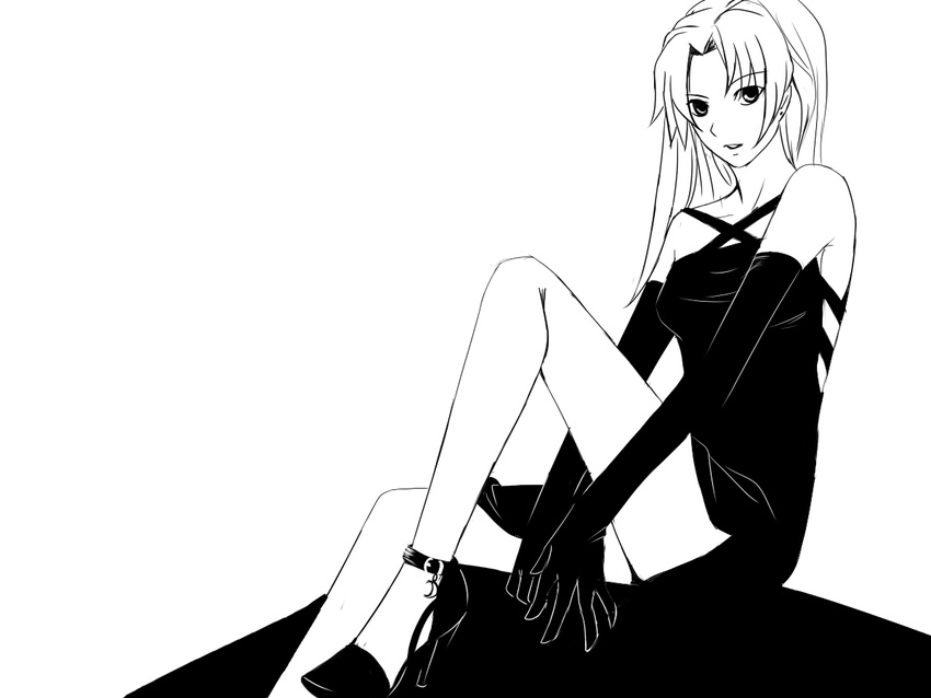 calvina_coulange commentary_request dress elbow_gloves gloves greyscale high_heels long_hair monochrome shoes solo super_robot_wars super_robot_wars_judgement valhalla