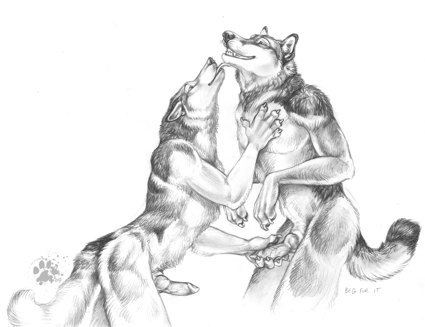 animal_genitalia anthro blotch canine canine_penis claws english_text erection gay greyscale hand_on_chest knot licking looking_up male mammal monochrome nude pawpads penis penis_grab plain_background sketch text tongue touching white_background wolf