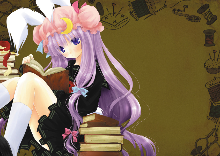 alternate_costume animal_ears apple bangs blush book bunny_ears bunny_tail crescent food fruit hair_ribbon hat holding holding_book kneehighs long_hair needle open_book patchouli_knowledge purple_hair ribbon school_uniform scissors shiromomo solo tail touhou very_long_hair
