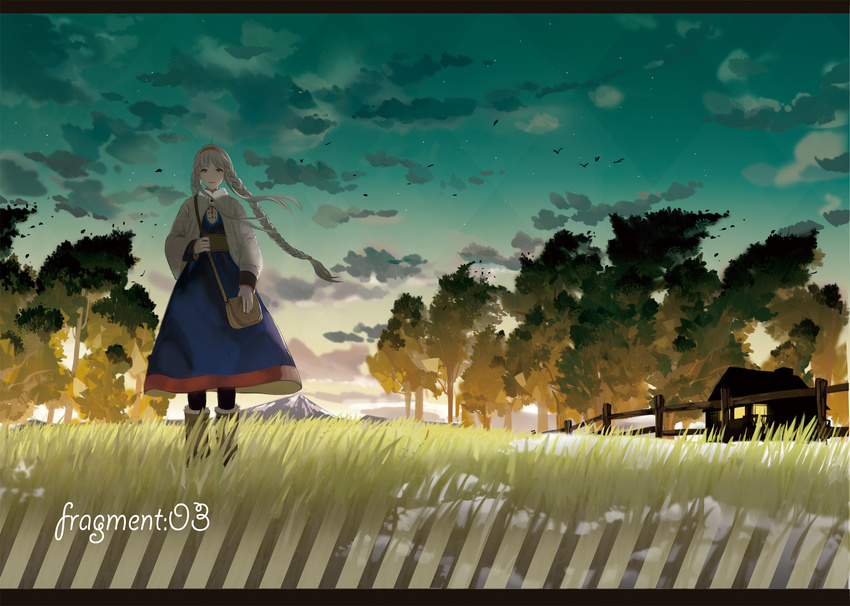 ahoge bag boots braid dress fence hairband highres landscape letterboxed long_hair looking_at_viewer md5_mismatch original satchel sime_(echo) sky solo tree twilight twin_braids twintails white_hair