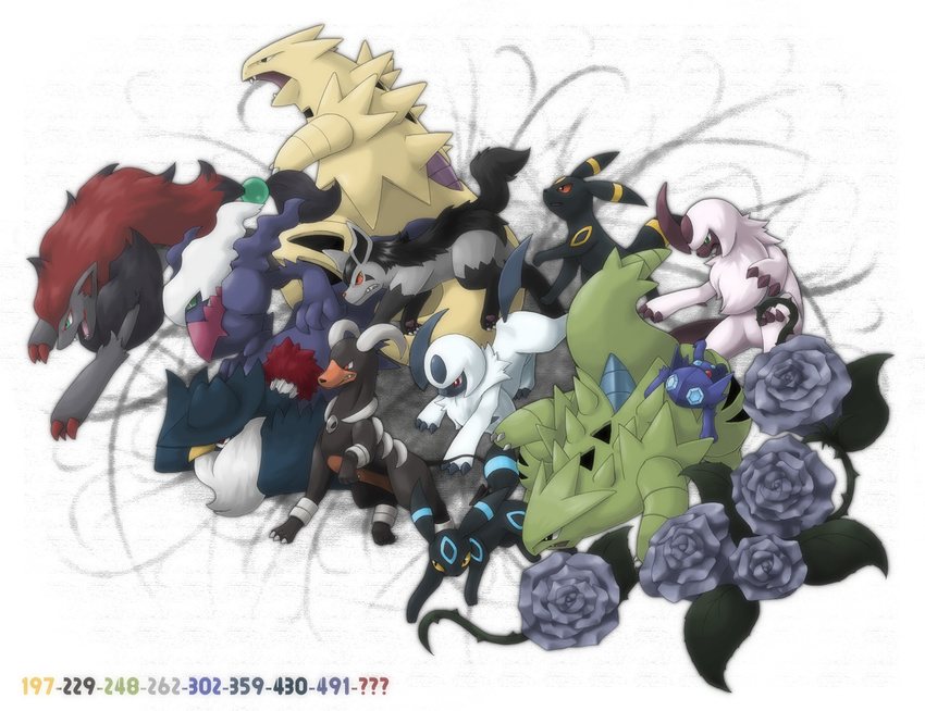 alternate_color bad_id bad_pixiv_id bird darkrai ditb flower gem gen_2_pokemon gen_3_pokemon gen_4_pokemon gen_5_pokemon grey_rose hat honchkrow houndoom jumping mightyena no_humans pokemon pokemon_(creature) rose sableye shiny_pokemon simple_background teeth tyranitar umbreon zoroark