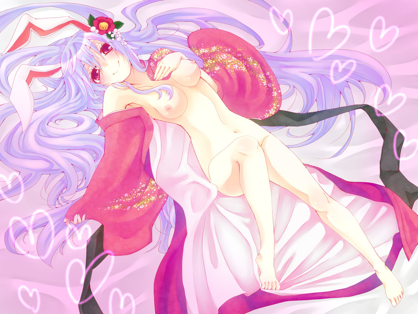 animal_ears barefoot bed breasts bunny_ears chinese_zodiac hair_ornament heart highres japanese_clothes kanzashi kimono long_hair lying medium_breasts naked_kimono obi on_back open_clothes purple_hair red_eyes reisen_udongein_inaba sash seductive_smile smile solo touhou very_long_hair year_of_the_rabbit yumesuke