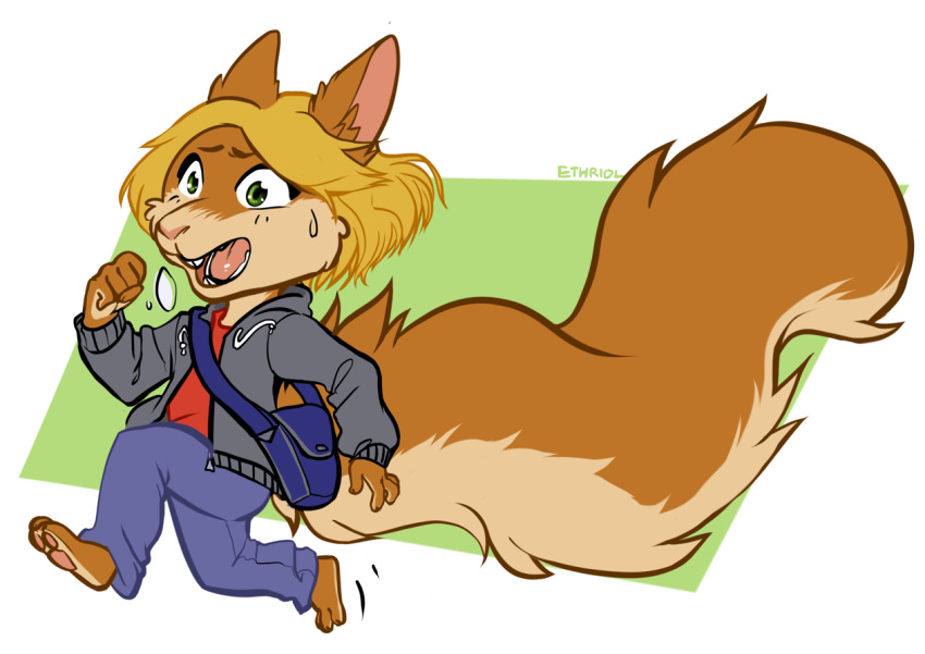 ashnard big_tail blonde_hair brown_fur chibi clothing ethriol fur green_eyes hair hoodie male mammal messenger_bag multicolored_fur rodent running sciurid shirt simple_background tan_fur tree_squirrel two_tone_fur