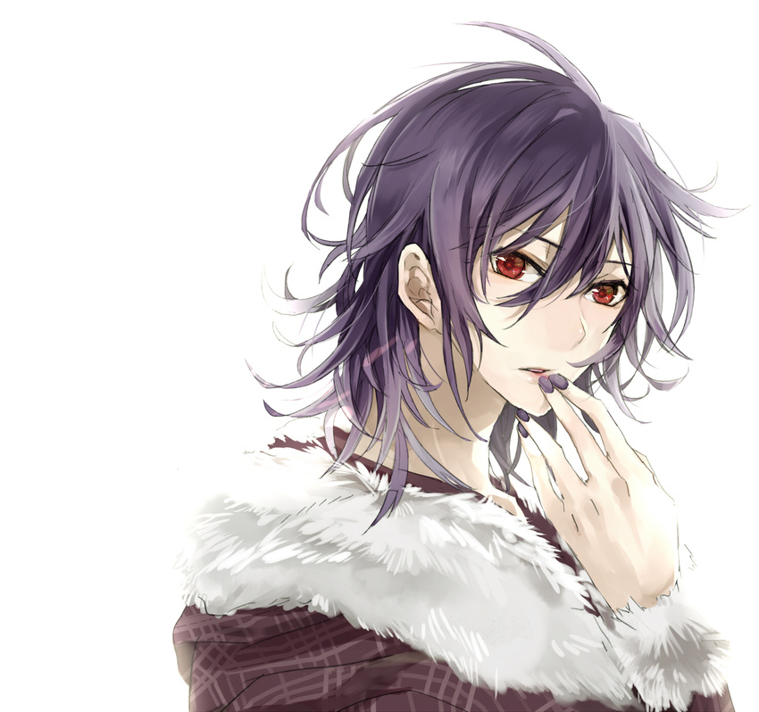 blue_hair fur_collar fur_trim highres jacket koide_natsuno male_focus nail_polish purple_hair purple_nails red_eyes shiki solo takashi_(moriumeda)