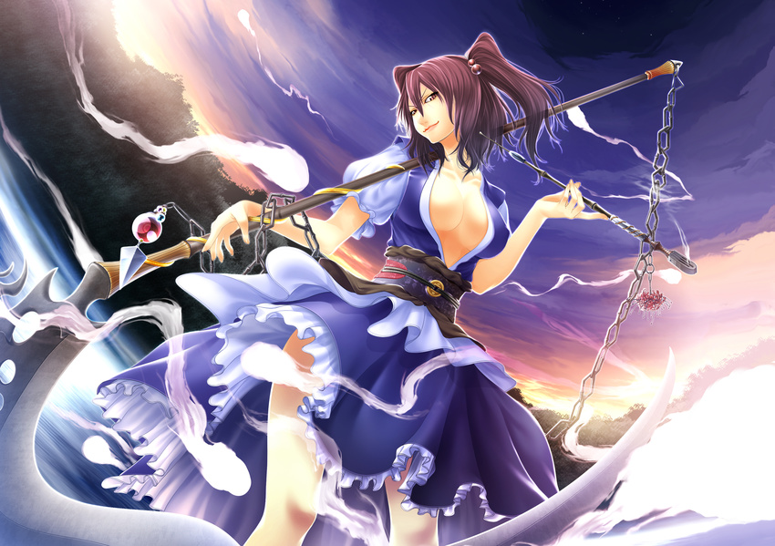 alternate_weapon breasts chain cleavage fisheye ghost hair_bobbles hair_ornament highres kiseru large_breasts lips md5_mismatch onozuka_komachi pipe red_eyes red_hair scythe short_hair smile smoke solo tomokatsu touhou two_side_up water weapon