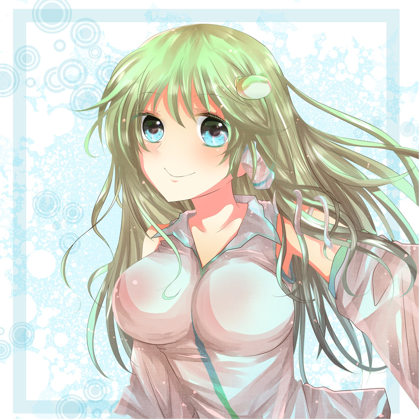 bad_id bad_pixiv_id blue_hair breasts detached_sleeves frog green_eyes hair_ornament highres kochiya_sanae large_breasts long_hair mizumori_(xcllcx) smile solo touhou