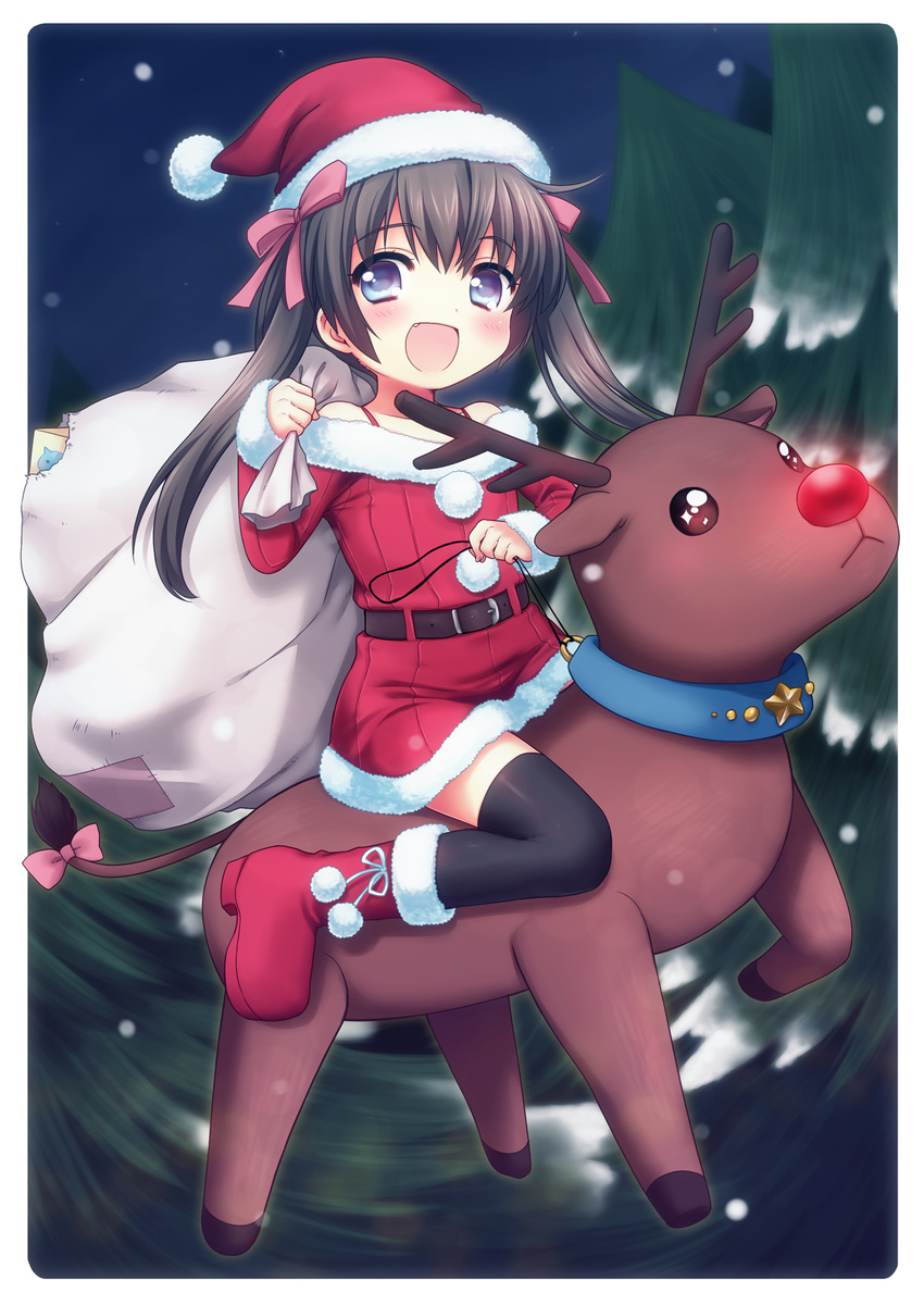 :d belt blue_eyes blush brown_hair christmas christmas_tree fang hat highres open_mouth original reindeer riding sack santa_costume santa_hat smile solo thighhighs twintails usashiro_mani zettai_ryouiki