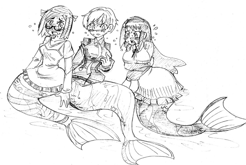 3girls artist_request character_request genderswap glasses mermaid monochrome monster monster_girl multiple_girls sequential source_request transformation wet