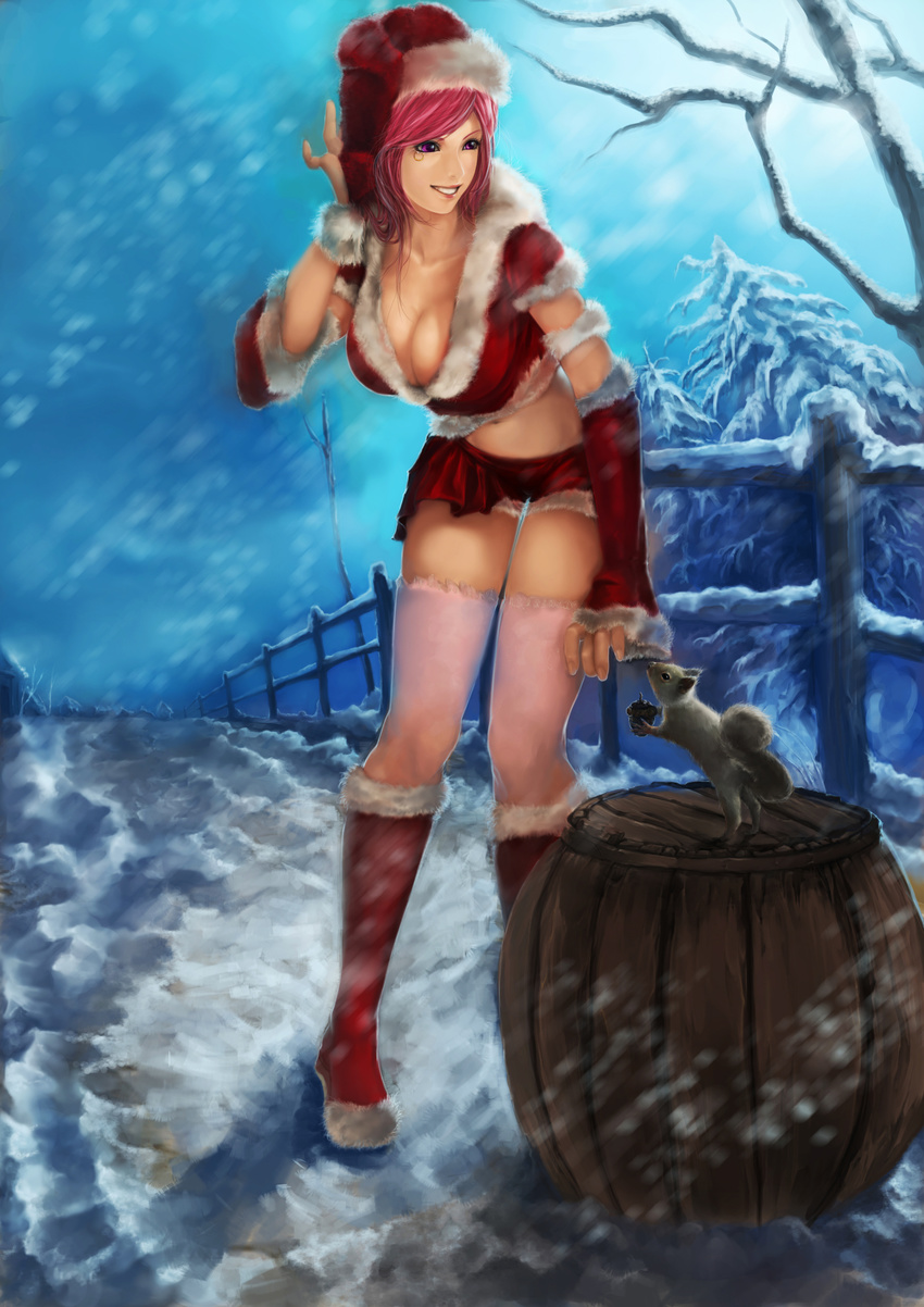 absurdres acorn animal anti-eyebrow_piercing barrel boots breasts christmas cleavage crop_top downblouse elbow_gloves gloves grin hat highres jakuroi jewelry_bonney knee_boots medium_breasts midriff navel one_piece piercing pink_hair purple_eyes santa_boots santa_costume santa_hat short_shorts shorts smile snow solo squirrel thighhighs tree