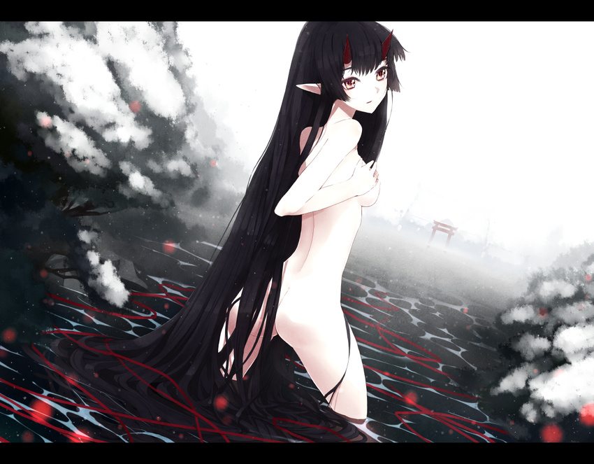 ass back black_hair horns koto_suomi long_hair looking_back nude oni original pointy_ears red_eyes snow solo very_long_hair water