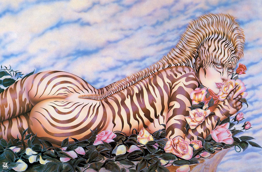 anthro bodypaint butt cloud clouds equine female flower human leaf looking_at_viewer mammal mohawk olivia_de_berardinis rose solo zebra