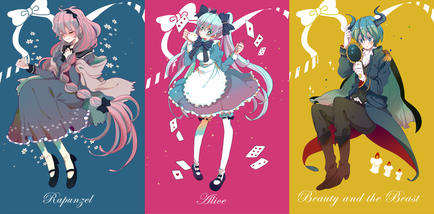 2girls alice_(wonderland) alice_(wonderland)_(cosplay) alice_in_wonderland apron aqua_hair beauty_and_the_beast blush boots candle cape card closed_eyes coat cosplay cup dress falling_card flower formal green_eyes grimm's_fairy_tales hair_ribbon hand_mirror hand_on_own_chest hatsune_miku highres horns kaito long_hair long_sleeves mary_janes megurine_luka mirror multiple_girls pantyhose parody pink_hair playing_card rapunzel rapunzel_(grimm) ribbon shinji_(secound2ikari) shoes simple_background teacup thighhighs twintails very_long_hair vocaloid white_legwear