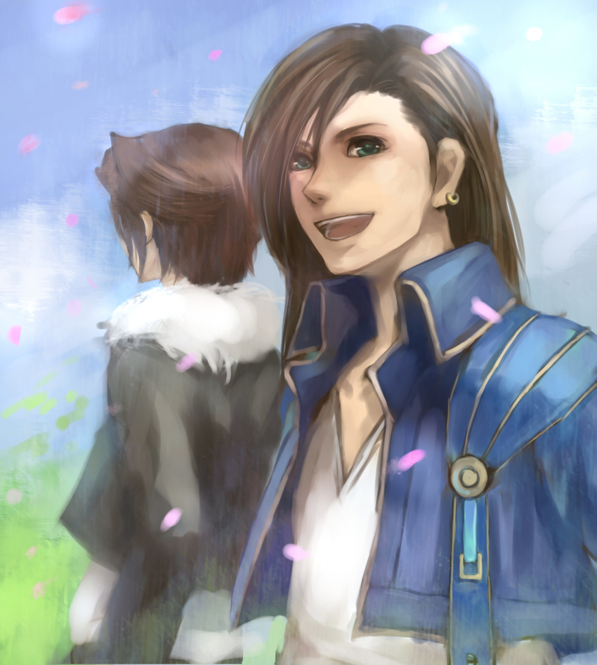brown_hair father_and_son final_fantasy final_fantasy_viii green_eyes habbitrot highres jewelry laguna_loire male_focus multiple_boys open_mouth petals single_earring spoilers squall_leonhart