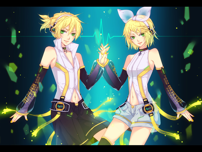 1girl arm_warmers bad_id bad_pixiv_id blonde_hair brother_and_sister detached_sleeves green_eyes hair_ornament hair_ribbon hairclip headphones kagamine_len kagamine_len_(append) kagamine_rin kagamine_rin_(append) natsuki0910 navel popped_collar ribbon short_hair shorts siblings smile twins vocaloid vocaloid_append