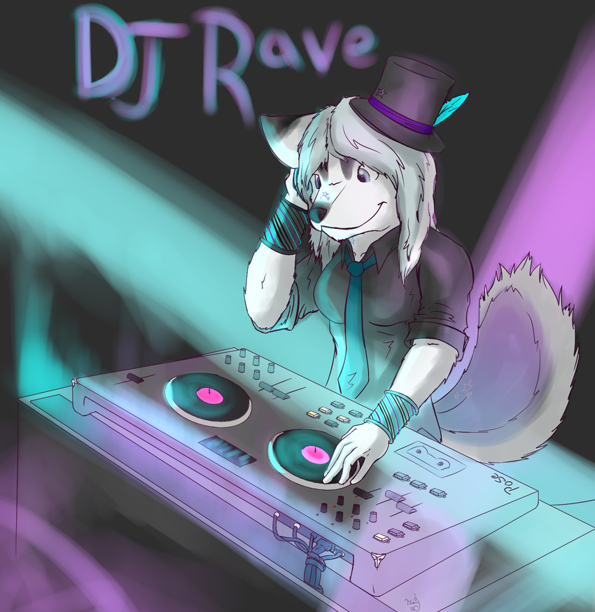 dj dj_rave dj_table dog female glow glowing hat husky koji_unplugged lights mammal rave single solo unknown_artist