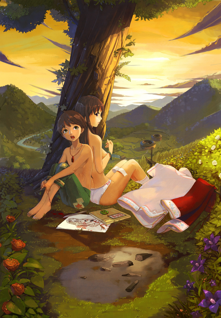 1girl back-to-back bandages barefoot blood bracelet breasts brown_hair cloud commentary_request flower green_eyes highres injury jeanex jewelry knife long_hair medium_breasts necklace nipples open_mouth original outdoors panties red_eyes scenery sitting sky socks sunset tears topless tree twilight under_tree underwear underwear_only