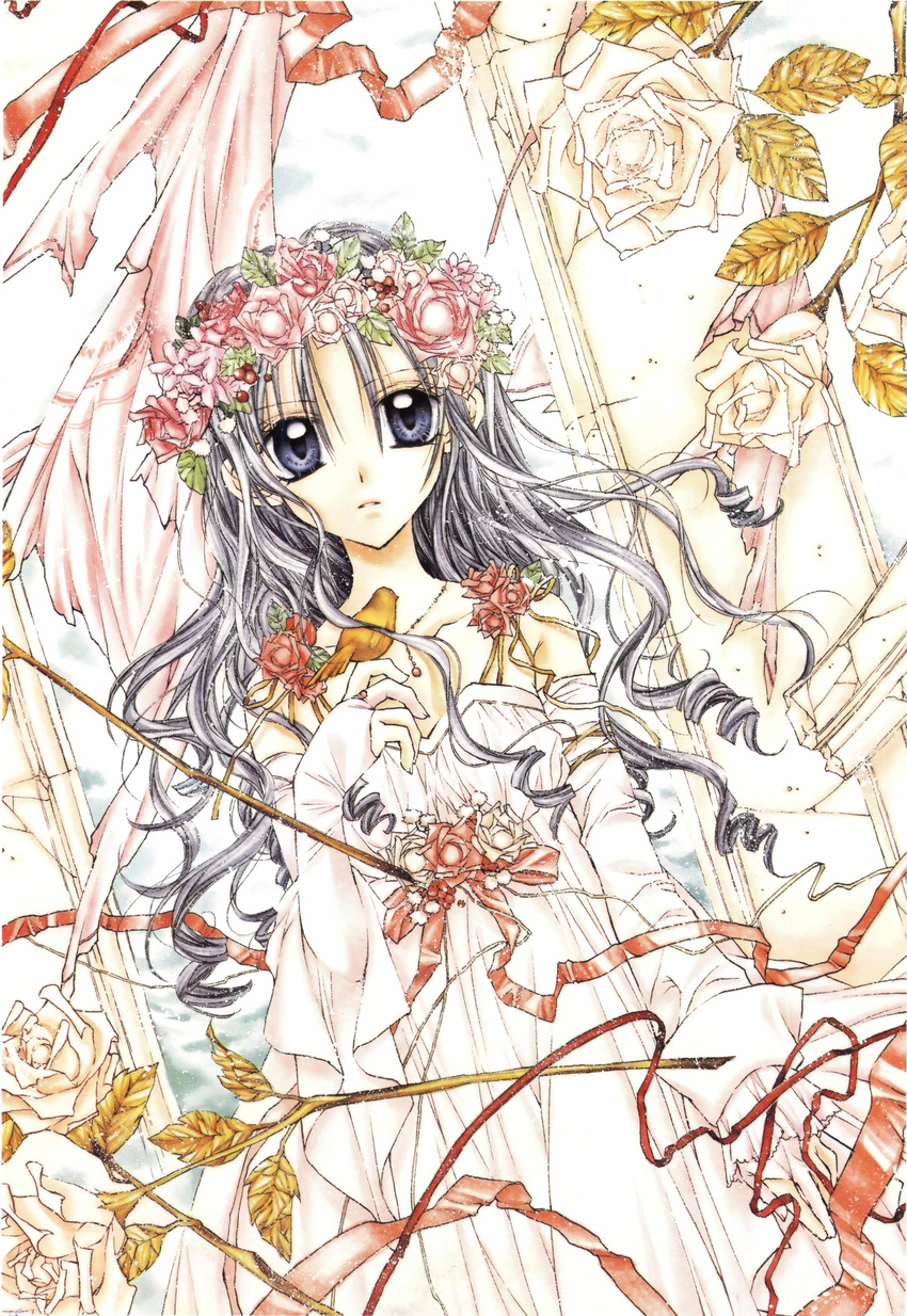 absurdres bare_shoulders bird bridal_gauntlets cloth dress drill_hair dutch_angle flower full_moon_wo_sagashite grey_hair highres jewelry kouyama_mitsuki long_hair looking_at_viewer necklace official_art pink_flower pink_rose purple_eyes red_flower red_rose ribbon rose solo tanemura_arina traditional_media wavy_hair white_dress white_flower white_rose wreath