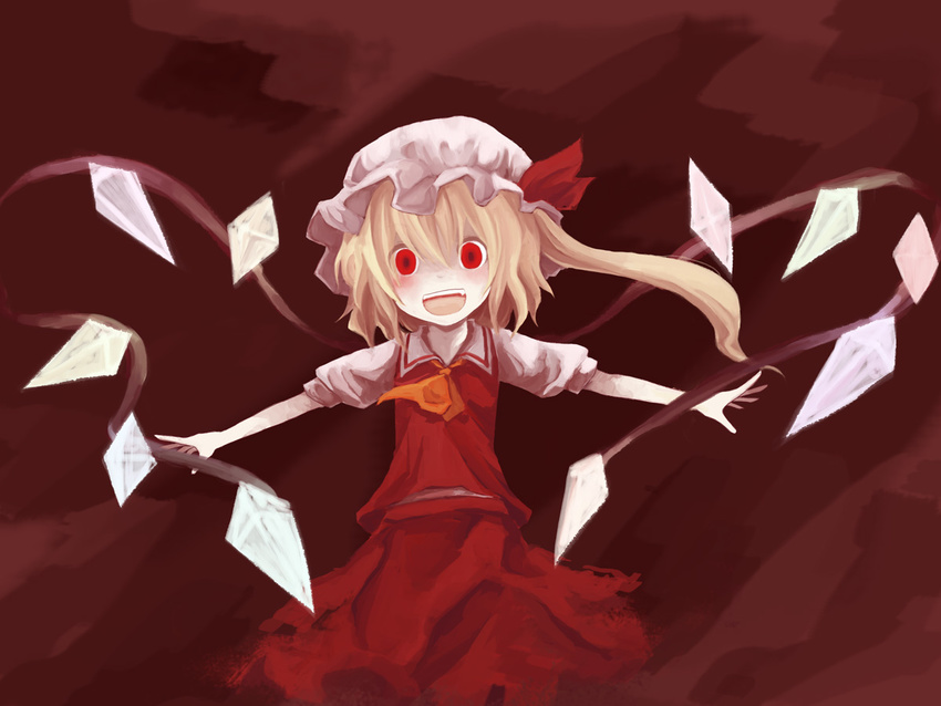 ascot bad_id bad_pixiv_id blonde_hair crazy_eyes flandre_scarlet hat mugi_(banban53) open_mouth outstretched_arms red red_eyes short_sleeves side_ponytail skirt solo spread_arms touhou wings