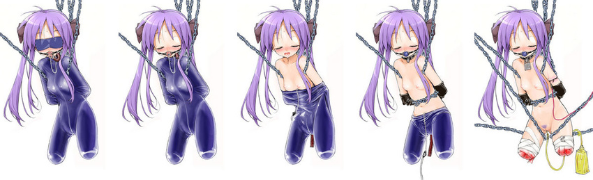 1girl amputation amputee ball_gag bdsm catheter chains collage_(artist) drinking_pee drugged gag gimp gimp_mask gimp_suit gimpgear guro hiiragi_kagami latex lucky_star nude pee_bag peeing pipelining simple_background solo torture urine_bag white_background