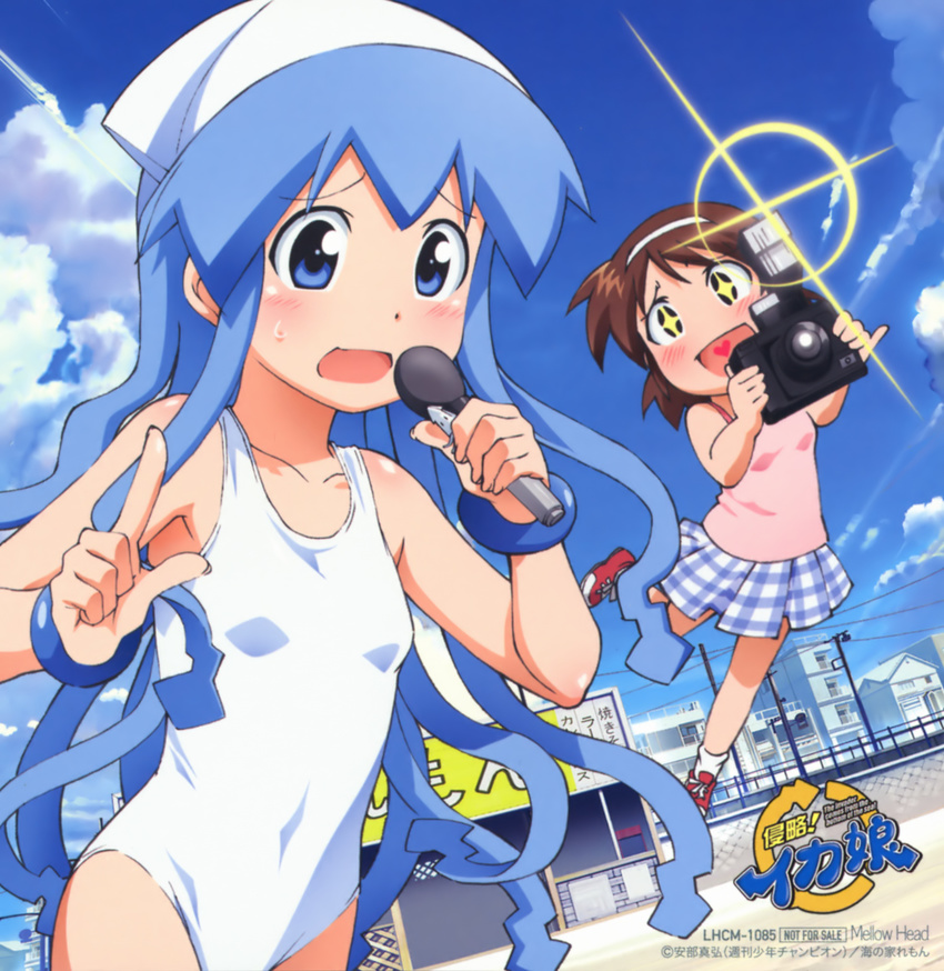 2girls artist_request blue_eyes blue_hair blush camera copyright_name day flat_chest hairband hat heart heart_in_mouth highres ikamusume index_finger_raised microphone multiple_girls nagatsuki_sanae official_art one-piece_swimsuit open_mouth shinryaku!_ikamusume swimsuit tentacle_hair tentacles white_swimsuit