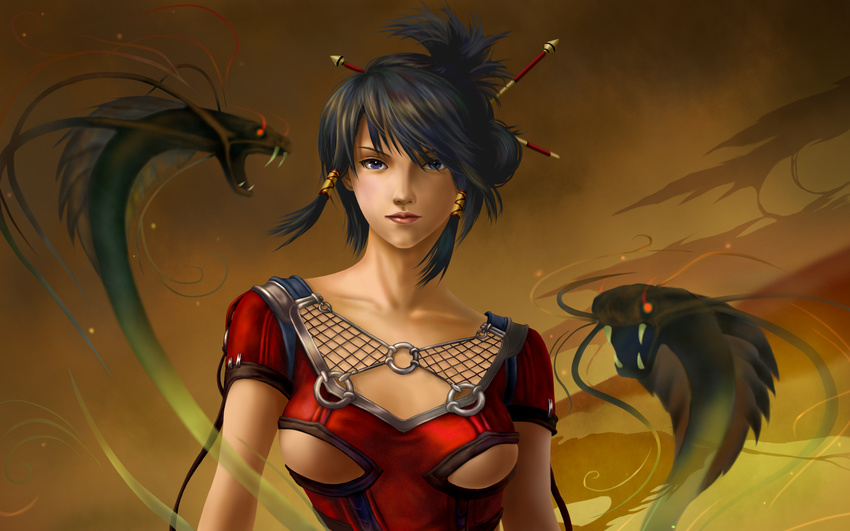 bare_shoulders black_hair blue_eyes character_request copyright_request highres monster short_hair solo tk-nona wallpaper
