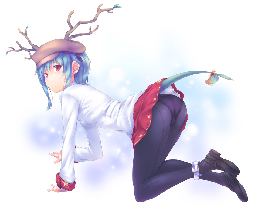 all_fours anklet antlers ass hat horns jewelry leaf_girl monster_girl nanakusa original panties panties_under_pantyhose pantyhose skirt solo sweater tail trefoil underwear