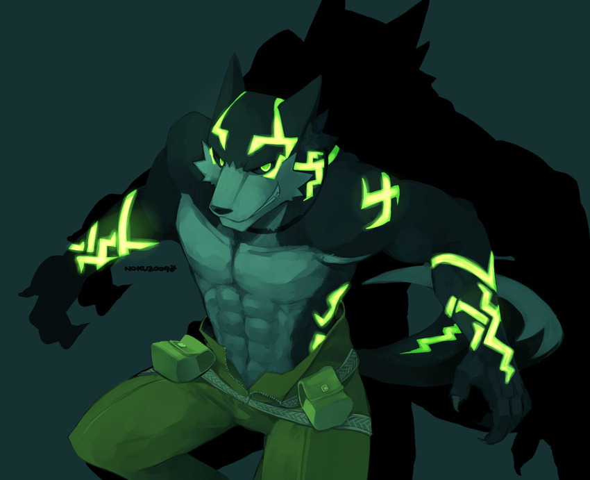 anthro belt biceps bioluminescence body_markings canine claws clothing face_markings facial_markings fangs glow glowing glowing_markings grin male mammal markings muscles noku13456 pants pecs robbw smile solo teeth toned topless wolf