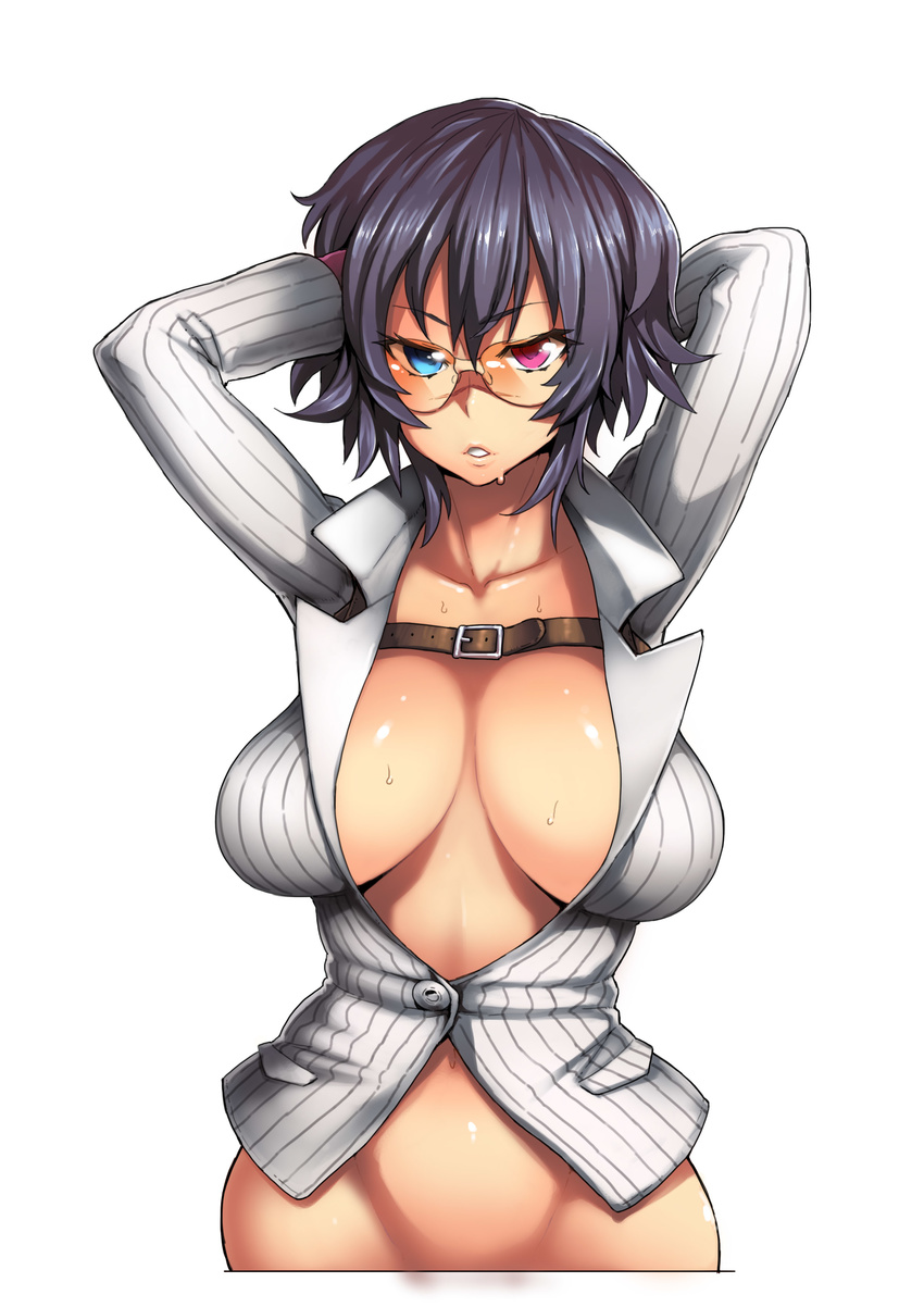 absurdres arms_up black_hair blue_eyes bottomless breasts cleavage devil_may_cry devil_may_cry_4 glasses heterochromia highres huge_breasts lady_(devil_may_cry) meme50 navel pink_eyes solo sweat wide_hips