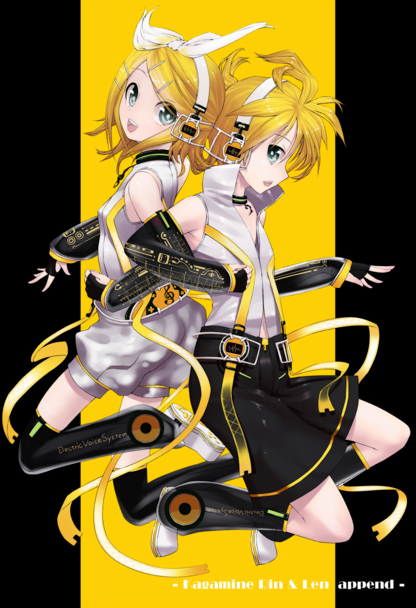 1girl blonde_hair blue_eyes brother_and_sister detached_sleeves fingerless_gloves gloves hair_ornament hair_ribbon hairclip headphones highres kagamine_len kagamine_len_(append) kagamine_rin kagamine_rin_(append) leg_warmers navel ribbon sentoiro short_hair shorts siblings smile twins vocaloid vocaloid_append