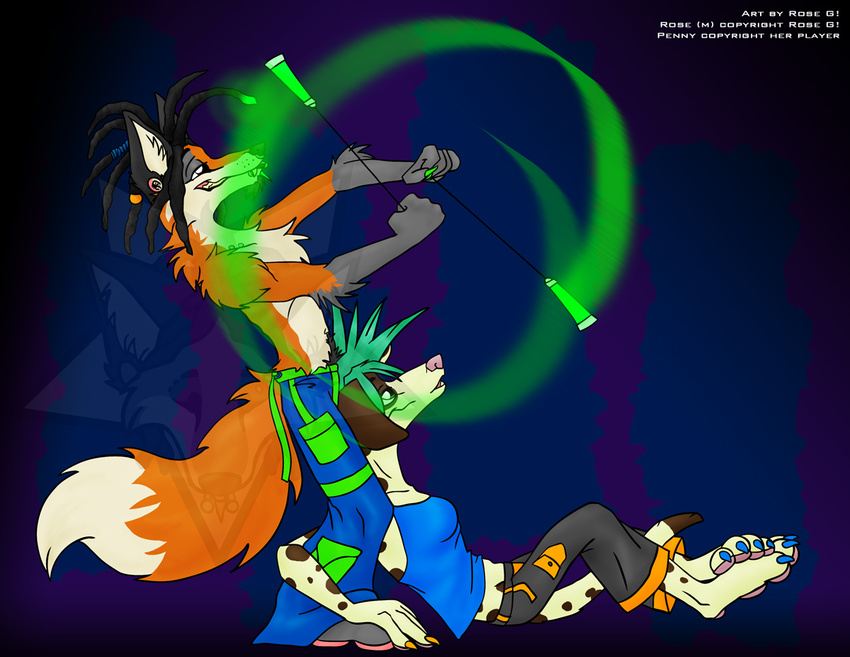 canine dog dreadlocks female fox gauged_ears glowstick green_hair hair male mammal misako piercing raver sitting spots stretched_ears