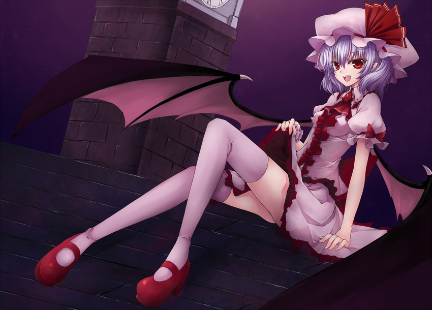 analog_clock arm_support bat_wings brick_wall clock clock_tower hat highres lavender_hair looking_at_viewer mary_janes open_mouth pointy_ears red_eyes red_footwear remilia_scarlet roman_numerals rooftop running_bond shoes short_hair sitting skirt skirt_lift smile solo thighhighs touhou tower utakata_(kochou_no_yume) white_legwear wings