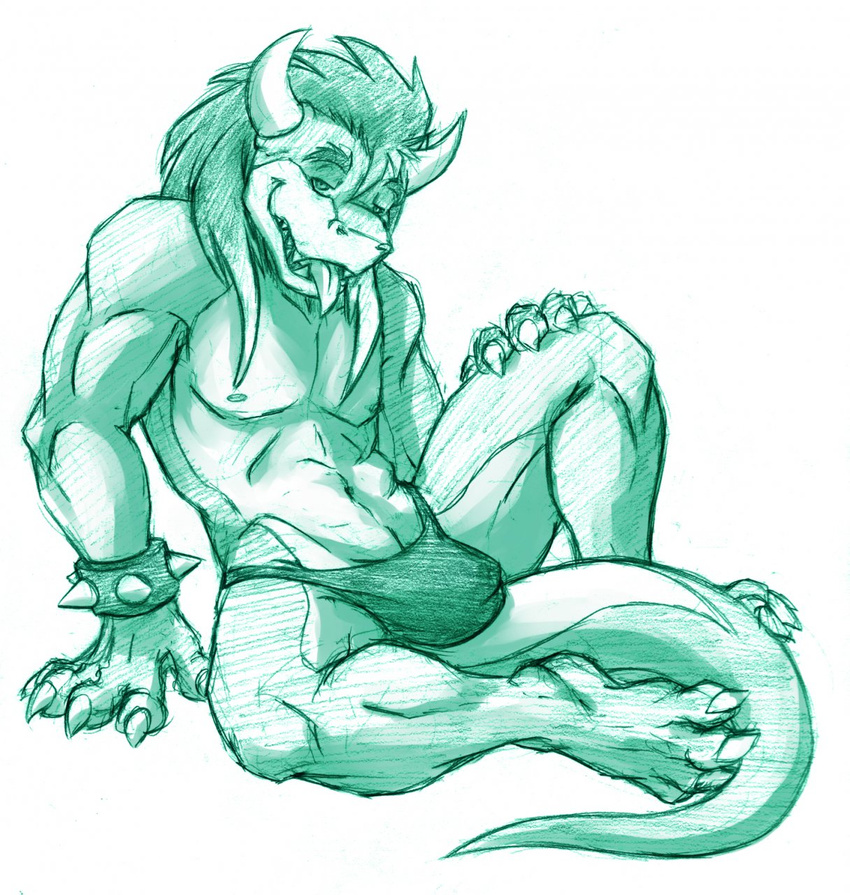 bowser bracelet bulge claws green_and_white hair horns jewelry koopa long_hair looking_at_viewer male mario_bros muscles nipples qase reptile scalie sex sitting sketch skimpy solo spread_legs spreading tail thong tongue topless underwear ununununium