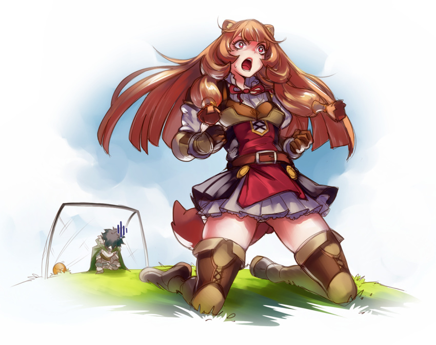 1boy 1girl amano-g animal_ears bangs belt breasts brown_hair clenched_hands full_body goal hair_tubes iwatani_naofumi long_hair miniskirt open_mouth raccoon_ears raccoon_girl raccoon_tail raphtalia red_eyes shouting skirt small_breasts soccer soccer_field solo_focus tail tate_no_yuusha_no_nariagari thighhighs zettai_ryouiki