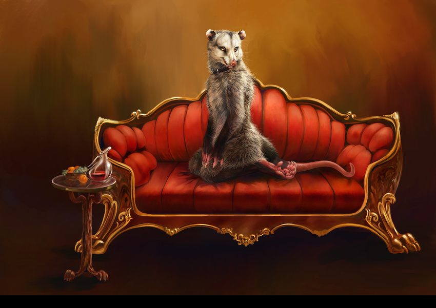 2008 absurd_res amber_hill ambiguous_gender collar fancy fruit hi_res huge kneeling loiosh lossless love_seat male nude photorealism portrait pose possum sofa solo still_life vantid virginia_opossum waiting wallpaper widescreen wine