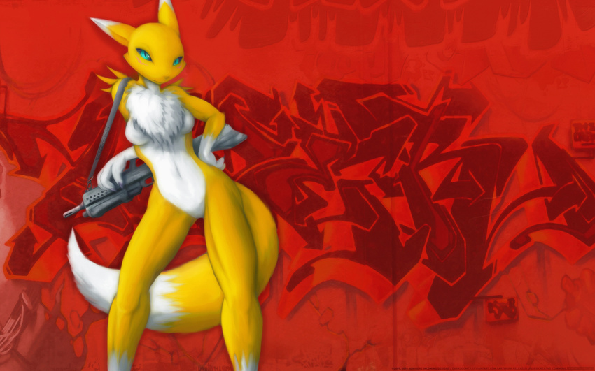 assault background breasts canine darkdoomer digimon female fox graffiti gun nude painting red remix renamon rifle solo urban wallpaper war weapon