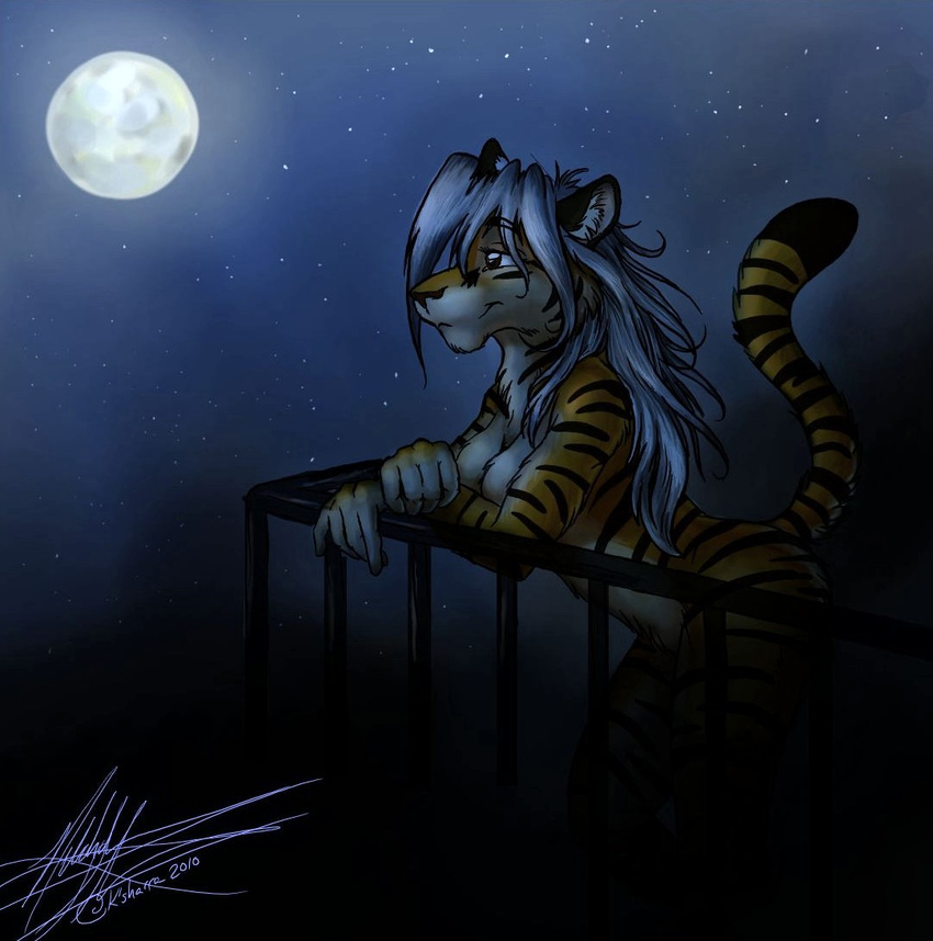 2010 background balcony blue_hair feline female hair k'sharra ksharra moon nude solo stars tame tiger