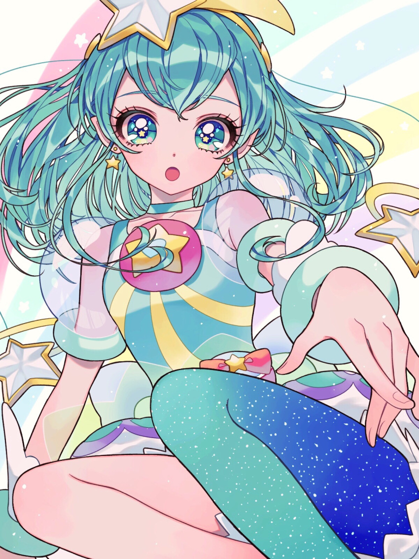 1girl :o aqua_legwear blue_eyes blue_hair blue_legwear commentary_request cure_milky don_(macaron_panda13) earrings gradient gradient_legwear hagoromo_lala heart heart-shaped_pupils highres jewelry legs looking_at_viewer magical_girl multicolored multicolored_clothes multicolored_legwear open_mouth precure short_hair single_thighhigh solo star star_earrings star_twinkle_precure symbol-shaped_pupils thighhighs